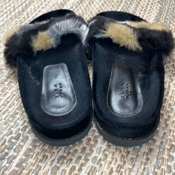 ZARA Beige Black Faux Fur Slides Slippers Sandals Mules Euro 38 - Picture 2 of 5